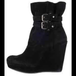 Stuart Weitzman Ruched Buckle Suede Wedge Black Booties Boots Size 8